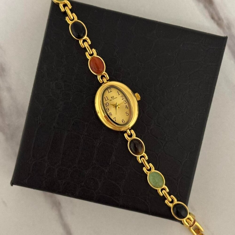 Sku:0463 gold mini watch bracelet with multicoloured natural‎ stones + gift bag - Picture 3 of 7